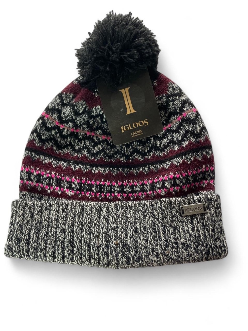 Igloos Ladies Fair Isle Pom Beanie in Black, Gray & Pink
